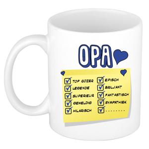 Cadeau koffie/thee mok voor Opa - blauw - de leukste Opa briefje - keramiek - 300 ml