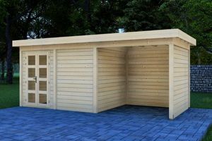 Prime Line blokhut 400x300 cm + luifel 300 cm + achterwand en zijwand- Plat dak- Onbehandeld vurenhout- Van Kooten - Van Kooten