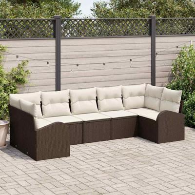 Tuinbankenset met kussen 7 pcs Bruin en wit poly rattan