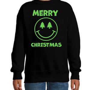 Kersttrui/sweater voor jongens/meisjes - Merry Christmas - zwart - Smile Emoticon - glitter groen