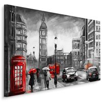 Schilderij - Regenachtige dag in Londen (print op canvas), zwart-wit/rood, 4 maten, premium print