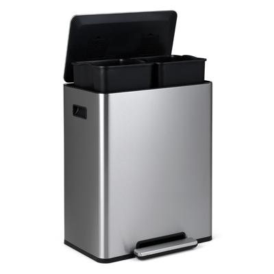 60L Afvalbak met 2 Compartimenten Roestvrijstalen Keukenafvalbak met Pedaal Uitneembare Binnenemmer Deksel met Soft-Open en Soft-Close Geïntegreerde Geurverdrijver-Zilver