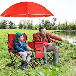 2-Zits Campingstoel met Parasol Koeltas Bekerhouder en Zijzak Inklapbare Visstoel met Draagtas Vouwstoel Klapstoel voor Kamperen (Rood)