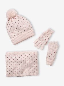 Set muts + snood + handschoenen met hartjes meisje roze