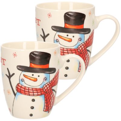 2x stuks kerstmok/wintermok sneeuwpop met zwarte hoed en rode sjaal van poreselein 10 cm