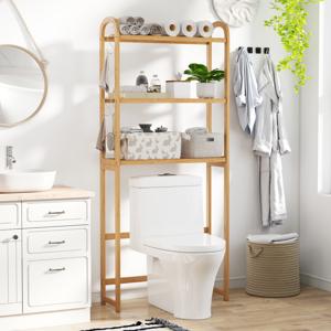 3-laags Toiletrek Bamboe Badkamerrek Bovenkast Vrijstaand Toiletkast met 3 Haken 71,5 x 25 x 166 cm