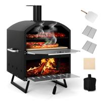 Buiten 40 cm Houten Pizzaoven 2-laags Pizza-Maker met Vierkante Steen Pizzaschop Grillroosters Zwart