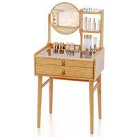 Kleine Make-up Tafel met Spiegel 60 cm Compacte Kaptafel met 2 Lades Open Planken Natuur