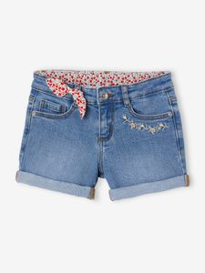 Geborduurde denim meisjesshort met bloemenstrik double stone