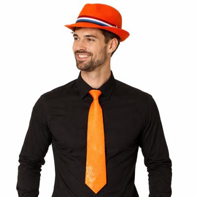 Verkleed oranje Trilby hoed - volwassenen - Koningsdag/Nederland - met oranje stropdas - supporters