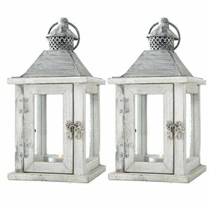 2x Houten lantaarn/windlicht kaarsenhouders wit 13 x 25 cm