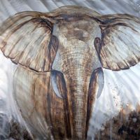 Schilderij -Handgeschilderd - Olifant - bruin wit - 100x100cm