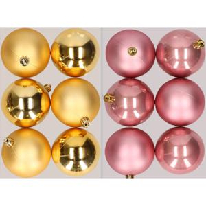 12x stuks kunststof kerstballen mix van goud en oudroze 8 cm - Kerstbal