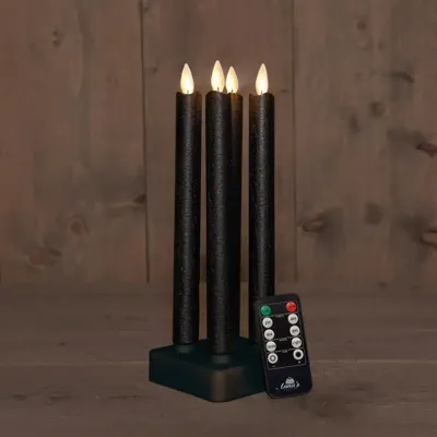 Anna&apos;s Collection LED dinerkaars oplaadbaar flame effect rustiek incl. oplaadstation 23.5 cm zwart 4 stuks