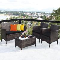 4-Delige Rotan Meubelset met Gehard Glas Salontafel Polyrattan Set Balkonbankstel Bruin+Zwart - thumbnail