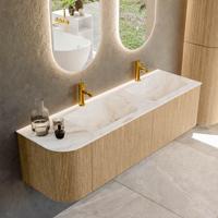 Mondiaz KURVE-DLUX 155 cm Onderkast Greeploos 2 Lades Met Deuren Oak, Wastafel Solid Surface Rechts Frappe 2 Kraangaten Zonder Spiegel (KRVLEA155L2L1D2KD-Oak/Fra)