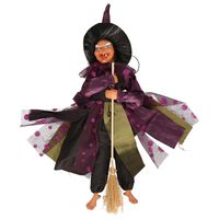 Halloween decoratie heksen pop op bezem - 40 cm - zwart/roze   -