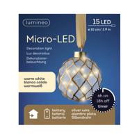 Verlichte kerstbal - glas - aan lint - D10 cm - goud - 15 led lampjes - warm wit - thumbnail