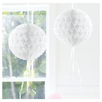 Decoratie bol - wit - 30 cm - crepe papier - versiering - feestversiering - thumbnail