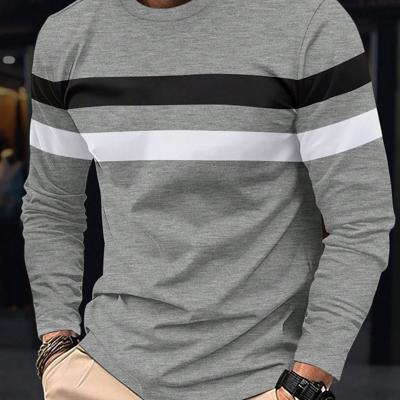 Men's Colorblock Striped Long Sleeve T-Shirt - Round Neck Top Light Grey / XL