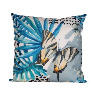 1x Bank/sier kussens met blauwe palm plant/bladeren print voor binnen en buiten 45 x 45 cm - Sierkussens