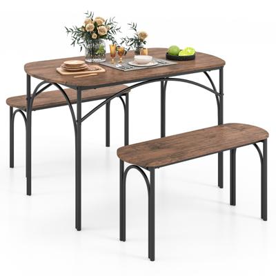 Eettafelset van 3 Stuks voor 4 Personen 120 cm Rechthoekige Houten Tafel en 2 Banken Afgeronde Hoeken Metalen Frame voor Eetkamer