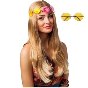 Hippie Flower Power Sixties verkleed set hoofdband met gele party bril