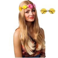 Hippie Flower Power Sixties verkleed set hoofdband met gele party bril