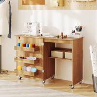 Vouwbare Naaitafel Rollende Knutselstation met Opbergvak 3 Verborgen Containers Mobiele Naaitafel 118,5 x 40 x 79,5 cm Natuur