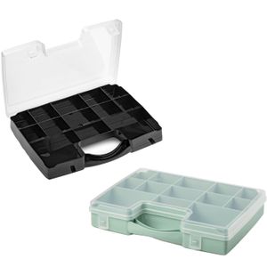 Forte Plastics - Opberg vakjes doos/Sorteerbox - 13-vaks kunststof - 27 x 20 x 3 cm - zwart en groen