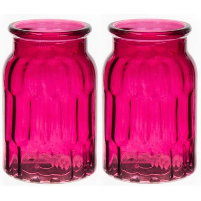 Bloemenvaas - set van 2x - fuchsia roze - transparant glas - D12 x H18 cm