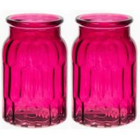 Bloemenvaas - set van 2x - fuchsia roze - transparant glas - D12 x H18 cm - thumbnail