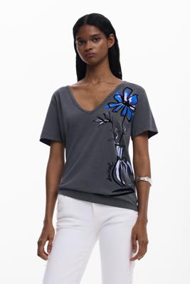 T-shirt met korte mouwen en bloemen - BLACK - L