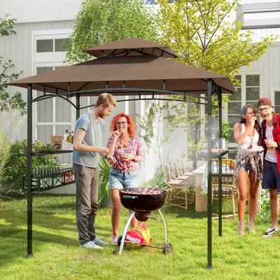 Grillpaviljoen met Dubbel Dak & Zijkasten & Metalen Mand Grilloverkappingen Grillonderstand Bruin