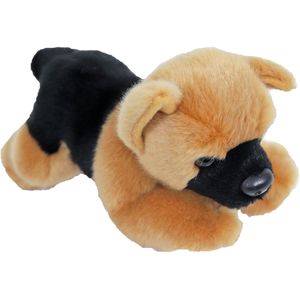 Pluche bruin/zwarte Duitse Herder hond liggend knuffel 20 cm speelgoed