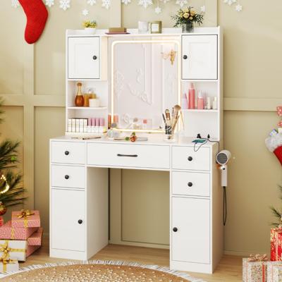 Kaptafel met Verlichte Spiegel met 3-Kleurige Dimbare LED-Verlichting Kaptafel met Oplaadstation en Kasten met Verstelbare Planken Wit
