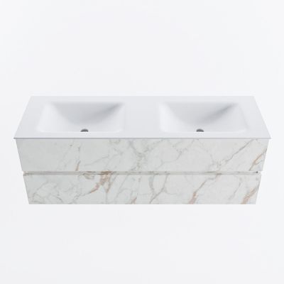MONDIAZ VICA 140cm badmeubel onderkast Carrara 2 lades. Wastafel CLOUD dubbel zonder kraangat, kleur Talc.