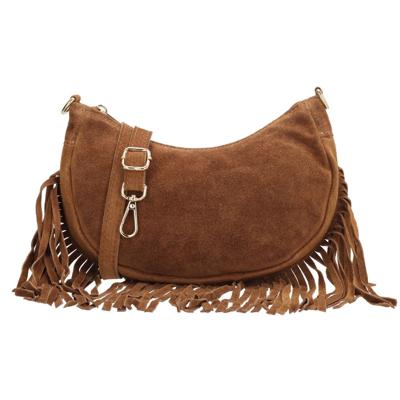 Charm London Suède Schoudertasje met Franjes Elisa Cognac