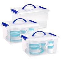Opslagbox met deksel - 3x - transparant blauw - 12 liter - 34 x 27 x 18 cm - kunststof
