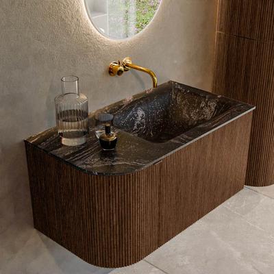 Badmeubel Mondiaz Kurve-Dlux | 85 cm | Meubelkleur Walnut | Wastafelkleur Lava | Solid surface | Rechts spoelbak | Zonder kraangat(en)