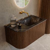 Badmeubel Mondiaz Kurve-Dlux | 85 cm | Meubelkleur Walnut | Wastafelkleur Lava | Solid surface | Rechts spoelbak | Zonder kraangat(en)
