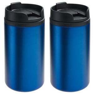 Thermosbeker/warmhoudbeker Koffie To Go - 2x - metallic blauw - 290 ml - dubbelwandig - met schroefd