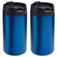 Thermosbeker/warmhoudbeker Koffie To Go - 2x - metallic blauw - 290 ml - dubbelwandig - met schroefd