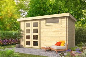 Tuindeco Uddel Blokhut 380x260 cm 28 mm vuren blank- Plat dak- Onbehandeld vurenhout- Tuindeco
