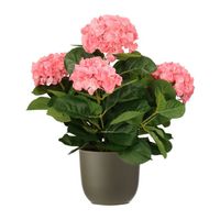 Hortensia kunstplant/kunstbloemen 45 cm - roze - in pot olijfgroen mat - Kunstplanten - thumbnail