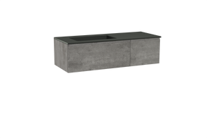 Storke Edge zwevend badmeubel 130 x 52 cm beton donkergrijs met Scuro asymmetrisch linkse wastafel in kwarts mat zwart