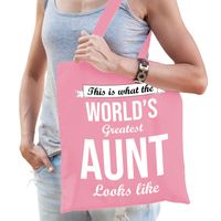 Cadeau tas voor tante - roze - katoen - 42 x 38 cm - world's greatest aunt - thumbnail