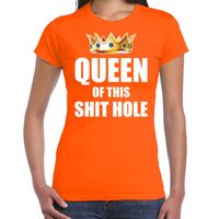 Koningsdag t-shirt Queen of this shit hole oranje voor dames - thumbnail