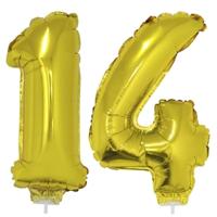 14 jaar leeftijd versiering cijfers - verjaardag - ballonnen op stokje - van 41 cm - goud