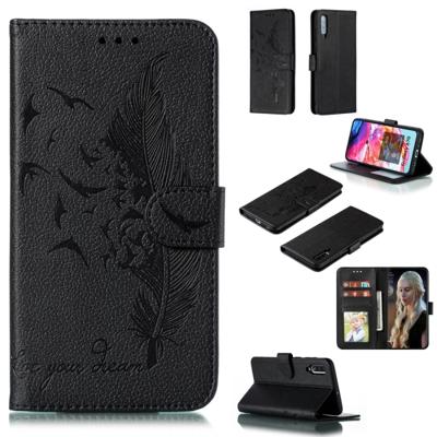 Feather patroon Litchi textuur horizontale Flip lederen draagtas met portemonnee & houder & kaartsleuven voor Galaxy A70 (zwart)